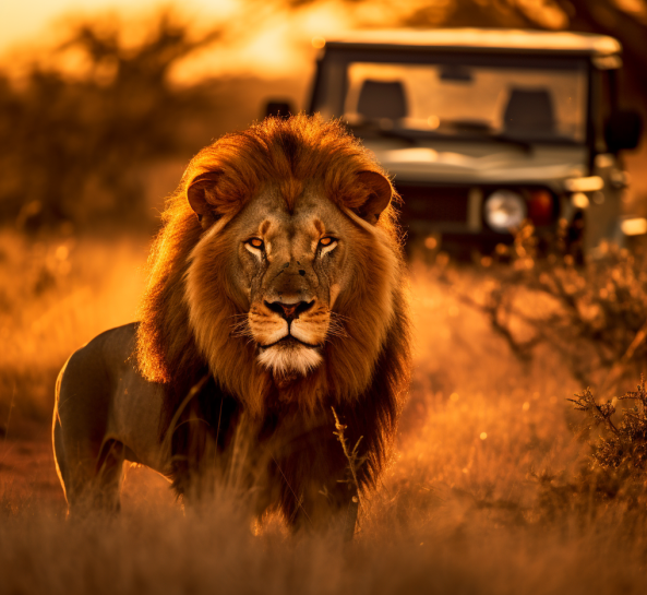 A lion with a 4x4 in the background